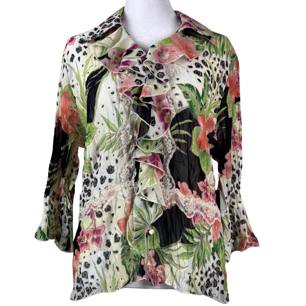 M Milano Blouse Womens Crinkly Ruffled Coquette Floral Lace Small NWT Boho Pea